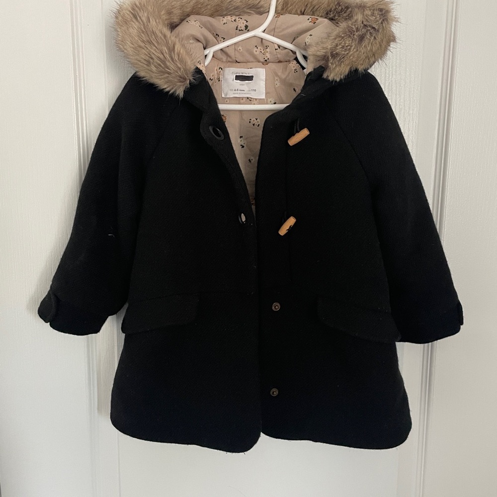 Kids Black Winter Coat with Faux Fur Hood